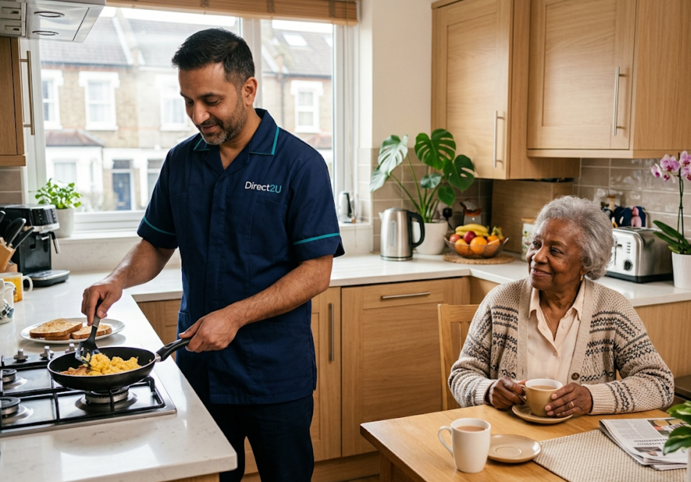 Live-in carer preparing breakfast with client at home